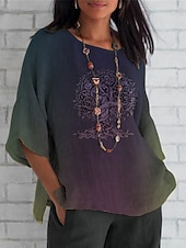 cheap Boho Tops-Women&#039;s Shirt Tree Color Gradient Daily Casual 3/4 Length Sleeve Crew Neck Regular Tops Daily Holiday Print White Purple Green Khaki Summer Spring Fall