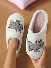 baratos Chinelos de mulher-Pantufas femininas de lã sintética branca com estampa fofa de corgi – chinelos confortáveis de inverno para casa, quarto e sala de estar