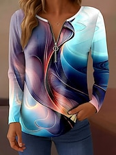 abordables T-shirt Art &amp; Design-Femmes T-shirt A Ombre Graphique Abstrait Élégant ancien Classique manche longue Col en V Hauts Réguliers Quotidien Week-end Fermeture éclair Imprimé Bleu Violet Orange Gris Printemps Automne