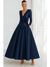 preiswerte Abendkleider-Bind A-Linien Abendkleid Elegantes Kleid Formelle Hochzeitsgast Boden Länge 3/4 Länge Ärmel V-Ausschnitt Tasche Stretch Satin mit Schleife(n)