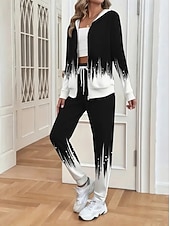 economico Tute da donna-Per donna Felpa con Cappuccio Tuta Set di Pantaloni Manica Lunga Girocollo Con Cappuccio Ombre Floreale Coulisse Stampato Attivo Quotidiano Casuale All'aperto Nero Bianco Autunno Vestibilità regolare