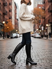 お買い得  ファッションブーツ-女性用本革ニーハイブーツ、高級牛革素材、レースアップとバックルのディテール、ブロックヒール、女性用都会的なカジュアルファッションフットウェア