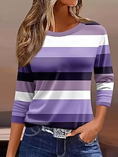 cheap Stripe&amp;Geometric tee-Women's T shirt Long Sleeve Graphic Geometric Striped Vintage Stylish Classic Long Sleeve Crew Neck Round Neck Regular Tops Daily Print Sage Green Red Purple  Spring Fall Prefall