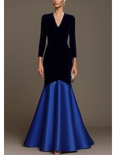 baratos Vestidos de Noite-Vestido de noite sereia/trompete em veludo azul, elegante, formal, para casamento, comprimento até o chão, manga comprida, decote em V com pregas, 2025