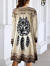 preiswerte Boho Kleid-Damen Minikleid T-Shirt-Kleid Sommerkleid A Linie Kleid Lässig Täglich Ausgehen Normale Passform Grafik Stammes Langarm Rundhalsausschnitt Kamel Herbst Winter