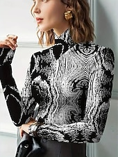preiswerte Kunst &amp; Design T-Shirt-Damen T Shirt Druck Gestuft Grafik Textur Elegant Vintage Stilvoll Langarm Rollkragen Hoher Ausschnitt Asymmetrischer Ausschnitt Normale Oberteile Täglich Blau Schwarz Frühling Herbst Winter