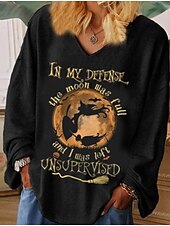 Halloween Women's T shirt Witch Vintage Stylish Basic Long Sleeve V Neck Regular Tops Weekend Black Gray Fall4