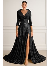 cheap A-Line Evening Dresses-A-Line Floor Length Evening Gown Ball Gown Formal Dress Elegant Glittering Silky Half Sleeve Lapel Formal Wedding Belt / Sash Sequined with Glitter Pleats