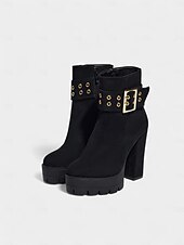 baratos Botas com salto-bota feminina plataforma de camurça preta com salto grosso e fivela dourada &amp;fecho de zíper - festa ousada &amp;calçados de concerto para looks de outono e inverno