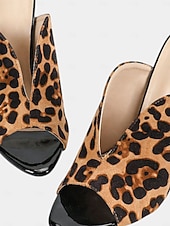 baratos Festa da Vida Noturna-mules femininas de salto agulha com estampa de leopardo - sapatos de salto alto abertos e sem cadarço com design recortado, calçados com estampa animal ousada para vida noturna, clubes e festas