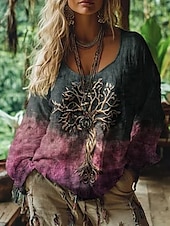abordables Tops Boho pour Femmes-Chemisier femme graphique vintage quotidien décontracté manches longues col V régulier hauts tribal arbre de vie vintage designer vacances rue sortie quotidien vacances imprimé jaune violet fuchsia été printemps automne