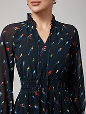 baratos Vestidos Florais-Mulheres Vestido casual Vestido Longo Vestido Maxi Preto Manga Longa Papagaio gravata na frente Primavera &amp; Outono Estações Cruzadas Decote V Férias S M L
