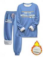 preiswerte Trainingsanzüge für Damen-Damen Pyjamas Set Fleece-Futter Elegant Warm Mode Zwei-Teile Sets Trainingsanzug Hosen Sets Langarm Bischof Ärmel Rundhals Grafik Buchstabe Druck Outdoor Urlaub Alltaglich Schwarz Pink Dunkel Pink