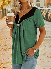 abordables T-shirt uni-Femmes Hauts d&#039;été Moderne Col en V Hauts Réguliers Rouge Vert Kaki Gris Été