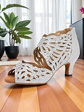 economico Scarpe per balli latini-scarpe da ballo da donna con punta aperta, strass e tacco basso color carne - calzature professionali per feste da ballo Gatsby