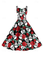 女性用スカルプリントミニドレス Aラインドレス カジュアル デイリー ホリデー レギュラーフィット スカル ノースリーブ スパゲッティストラップ ブラック ホワイト ワイン サビレッド 夏 春 秋 お買い得  頭蓋骨と骨のドレス-女性用スカルプリントミニドレス Aラインドレス カジュアル デイリー ホリデー レギュラーフィット スカル ノースリーブ スパゲッティストラップ ブラック ホワイト ワイン サビレッド 夏 春 秋