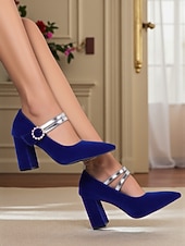ieftine Block Heels-Tocuri Mary Jane de damă din catifea albastră cu cataramă din perlă - pantofi eleganți cu vârful ascuțit și barete argintii pentru ținute de lucru de toamnă/iarnă, stil urban șic și petreceri de
