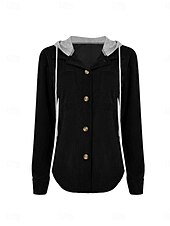 abordables chaqueta con capucha-Mujer Chaqueta con capucha Cómodo Transpirable Botones Casual Plano Vacaciones Calle Casual Ropa Cotidiana Botonadura Simple Regular Con Capucha Ajuste regular Manga Larga Ropa de calle Azul marinero