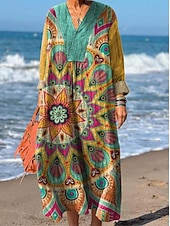 abordables Robes Boho-Femmes Robe maxi Robe d&#039;Été Robe trapèze Vacances Occasionnel Boho Soirée Fête Plage Coupe Ample Fleuri Graphique Géométrique manche longue Col en V Jaune Rouge Fuchsia Orange Été Printemps Automne
