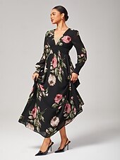 economico Abiti da festa-Abito per invitati in chiffon con volant floreale e maxi scollo a V. Abito per invitati