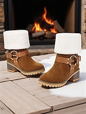baratos Botas de neve e inverno-Botas femininas de camurça sintética com punho e fivela de pele de carneiro – botas casuais de inverno com salto grosso para atividades ao ar livre, viagens e looks aconchegantes