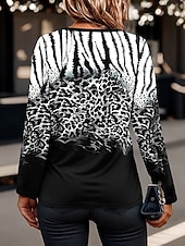 cheap Animals tee-Women&#039;s T Shirt Ombre Graphic Leopard Elegant Vintage Stylish Long Sleeve V Neck Round Neck Notched Neck Regular Tops Daily Weekend Zipper Print Black Spring Fall Winter