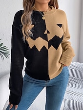economico Blusa e Camicie di Halloween-Maglione da donna Halloween con zucca casual morbido grafica colletto a coste maniche lunghe top regolari lavorato a maglia arancione khaki autunno inverno pre-autunno