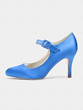 voordelige Cocktail-Champagnekleurige satijnen Mary Jane-hakken voor dames met kristallen gesp, elegante pumps met puntige neus voor cocktailparty&#039;s