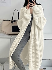 halpa Yksinkertainen neuletakki-Naisten Neulos Neule Muoti Katutyyli Vapaa-aika Puhdas väri Joustin Avoin etuosa Tasku Kudottu Pitkähihainen Pitkät topit Neuloa ulko- Päivittäin Viikonloppu Viininpunainen Musta Syksy Talvi