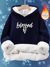 baratos Moletons forrados de fleece-Mulheres Pulôver Moletom Com Capuz Letra Roupa de rua Casual Manga Longa Com Capuz Tops regulares Rua Feriado Imprimir Azul Marinha Cinzento Claro Inverno