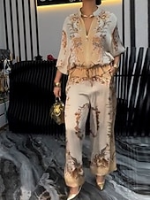 お買い得  レディースブラウススーツ-女性用 活発的 ファッション ブラウス パンツセット 長袖 スタンド フラワー ドローストリング プリント アウトドア お出かけ ブルー オレンジ グリーン 秋 レギュラー