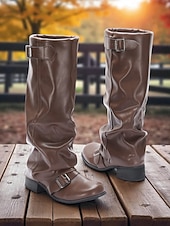 abordables Bottes à la mode-Bottes d&#039;équitation marron pour femmes - style équestre souple en similicuir avec sangles à boucle et talon bas, chaussures décontractées d&#039;automne et d&#039;hiver pour événements en plein air, festivals