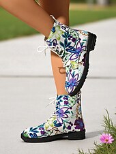baratos Botas de combate-Botas de combate femininas com cadarço e estampa floral branca/roxa – botas casuais de cano curto com estampa floral colorida para uso diário, viagens e streetwear
