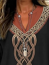 preiswerte Boho Tops-Damen Hemd Druck Geometrisch Täglich Retro Vintage Langarm V Ausschnitt Normale Oberteile Täglich Ferien Gelb Sommer Frühling Herbst
