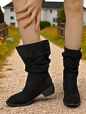 billiga Slouch Boots-Bruna damstövlar i konstmocka med låg klack, bekväma stövlar till halva vaden för avslappnade höst- och vinterkläder