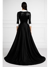 abordables Robes de smoking-Robe de Soirée A-Line Noir et Blanc Sequins Élégante Robe Blazer Formelle Mariage Longueur au Sol Manches 3/4 Col Chemise Poche Satin avec Nœud(x) Perles