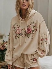 billige Blomstrete topper-Kvinners 3D Print Hetter Pullover Sweatshirt Overdimensjonert Langermet Kledelig Grafisk Blomster Varm Aktiv Hetter Vanlige Topper Gate Hverdagsklær Patchwork Beige Vår Høst Vinter
