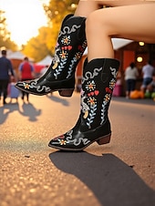 levne Cowboy &amp; Western Boots-Dámské vyšívané kovbojské boty do západního stylu s motivy zbraní a srdce - boty do poloviny lýtek vyjadřující lásku a mír, stylová městská ležérní obuv pro módní ženy
