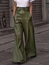 economico gamba larga e vita alta-Per donna Gamba larga Pantaloni di pelle Streetwear Casual Lunghezza intera Naturale Semplice Tasca Elastico in vita Confortevole All&#039;aperto Vacanza Ferie Nero Verde militare Autunno Vestibilit
