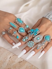 Women's Turquoise Ring Set - Multi-Piece Set of Vintage Bohemian Alloy Jewelry for Women's Holidays, Beach Vacations and Everyday Wear cheap Women's Rings-Women's Turquoise Ring Set - Multi-Piece Set of Vintage Bohemian Alloy Jewelry for Women's Holidays, Beach Vacations and Everyday Wear