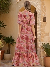 ieftine Rochii de seară în linie A-Rochie de seară florală jacquard A-Line rochie formală pentru nuntă lungime până la podea mânecă scurtă mânecă tip bulă cămașă cu guler organza cu volănașe