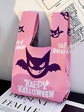 levne Tašky-Dámská halloweenská taška – pletená kabelka se vzorem dýně a netopýra na koledování, ležérní opakovaně použitelná taška přes rameno na párty, nákupy a vánoční dárek