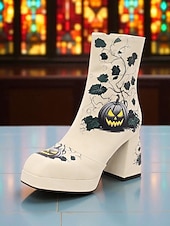levne Pro ženy-Dámské kotníkové boty na platformě na halloween – černá umělá kůže s potiskem dýně, úzké podpatky a boční zip, strašidelný gotický styl pro kostýmní večírky, tematické akce a koledování.