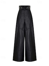 economico gamba larga e vita alta-Per donna Gamba larga Pantaloni di pelle Streetwear Casual Lunghezza intera Naturale Semplice Tasca Elastico in vita Confortevole All&#039;aperto Vacanza Ferie Nero Verde militare Autunno Vestibilit