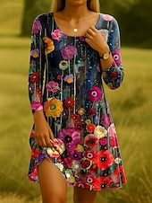 ieftine rochie florală-Pentru femei Rochii Midi Rochii Tricou Rochie de Vară Rochie A line Casual Zilnic Concediu Dată Fit regulat Floral Grafic Manșon Lung Stil Nautic Negru Alb Albastru piscină Verde Închis Var