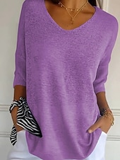 economico Colori solidi-Per donna Felpa Maglione Quotidiano Elegante Casual Tinta unica A Coste Scollo a V Lavorato a maglia Manica 3/4 Top Regolari Maglia All&#039;aperto Quotidiano Nero Bianco Estate Primavera