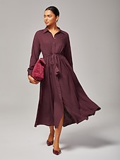 economico Abiti floreali-Abito da donna casual boho maxi a vita media in lyocell rosso vino, comodo e traspirante, con cintura regolabile