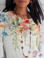 Недорогие Цветочные топы-Жен. Рубашка Цветочный принт Повседневные На каждый день Рукав 3/4 Вырез под горло Обычные топы Повседневные Праздники С принтом Зеленый Лето Весна Осень