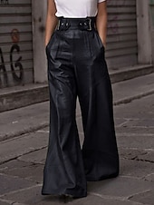 economico gamba larga e vita alta-Per donna Gamba larga Pantaloni di pelle Streetwear Casual Lunghezza intera Naturale Semplice Tasca Elastico in vita Confortevole All&#039;aperto Vacanza Ferie Nero Verde militare Autunno Vestibilit
