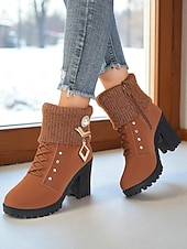 baratos Botas de tornozelo-Botas femininas de cano curto em malha preta com cadarço e strass e salto grosso - botas elegantes de inverno com salto para roupas de Natal e moda para o frio